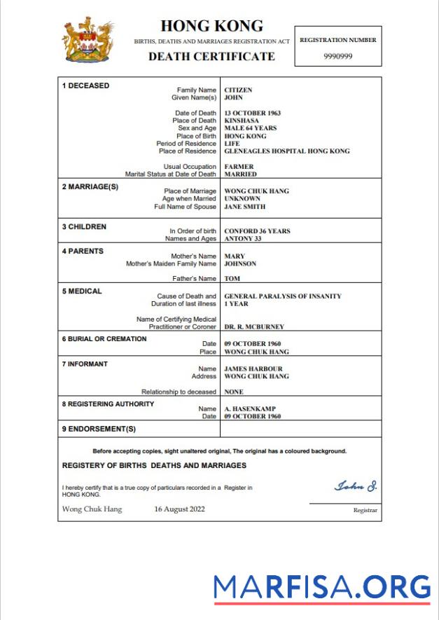 Realistic Hong Kong death certificate Word and PDF template,